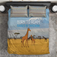 Tanzania Safari Giraffe Bedding Set with Tribal Patterns and Mount Kilimanjaro Scene