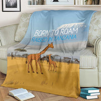 Tanzania Safari Giraffe Blanket with Tribal Patterns and Mount Kilimanjaro Scene