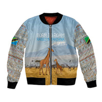 Tanzania Safari Giraffe Bomber Jacket with Tribal Patterns and Mount Kilimanjaro Scene