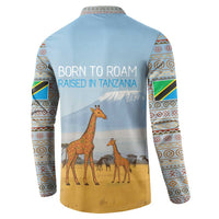 Tanzania Safari Giraffe Button Sweatshirt with Tribal Patterns and Mount Kilimanjaro Scene