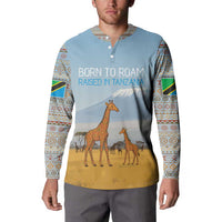 Tanzania Safari Giraffe Button Sweatshirt with Tribal Patterns and Mount Kilimanjaro Scene