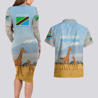 Tanzania Safari Giraffe Couples Matching Long Sleeve Bodycon Dress and Hawaiian Shirt with Tribal Patterns and Mount Kilimanjaro Scene