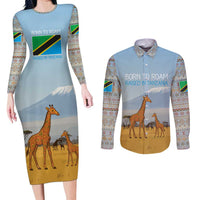 Tanzania Safari Giraffe Couples Matching Long Sleeve Bodycon Dress and Long Sleeve Button Shirt with Tribal Patterns and Mount Kilimanjaro Scene