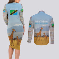 Tanzania Safari Giraffe Couples Matching Long Sleeve Bodycon Dress and Long Sleeve Button Shirt with Tribal Patterns and Mount Kilimanjaro Scene