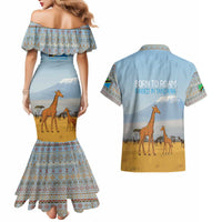 Tanzania Safari Giraffe Couples Matching Mermaid Dress and Hawaiian Shirt with Tribal Patterns and Mount Kilimanjaro Scene
