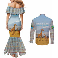Tanzania Safari Giraffe Couples Matching Mermaid Dress and Long Sleeve Button Shirt with Tribal Patterns and Mount Kilimanjaro Scene