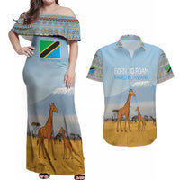 Tanzania Safari Giraffe Couples Matching Off Shoulder Maxi Dress and Hawaiian Shirt with Tribal Patterns and Mount Kilimanjaro Scene