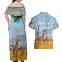 Tanzania Safari Giraffe Couples Matching Off Shoulder Maxi Dress and Hawaiian Shirt with Tribal Patterns and Mount Kilimanjaro Scene