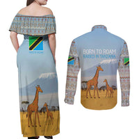 Tanzania Safari Giraffe Couples Matching Off Shoulder Maxi Dress and Long Sleeve Button Shirt with Tribal Patterns and Mount Kilimanjaro Scene