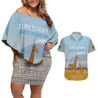 Tanzania Safari Giraffe Couples Matching Off Shoulder Short Dress and Hawaiian Shirt with Tribal Patterns and Mount Kilimanjaro Scene