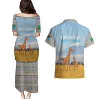 Tanzania Safari Giraffe Couples Matching Puletasi and Hawaiian Shirt with Tribal Patterns and Mount Kilimanjaro Scene