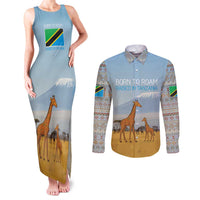Tanzania Safari Giraffe Couples Matching Tank Maxi Dress and Long Sleeve Button Shirt with Tribal Patterns and Mount Kilimanjaro Scene