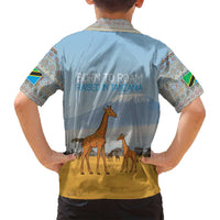 Tanzania Safari Giraffe Family Matching Long Sleeve Bodycon Dress and Hawaiian Shirt with Tribal Patterns and Mount Kilimanjaro Scene