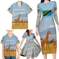 Tanzania Safari Giraffe Family Matching Long Sleeve Bodycon Dress and Hawaiian Shirt with Tribal Patterns and Mount Kilimanjaro Scene