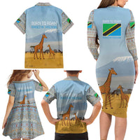Tanzania Safari Giraffe Family Matching Long Sleeve Bodycon Dress and Hawaiian Shirt with Tribal Patterns and Mount Kilimanjaro Scene