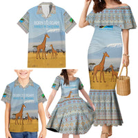 Tanzania Safari Giraffe Family Matching Mermaid Dress and Hawaiian Shirt with Tribal Patterns and Mount Kilimanjaro Scene