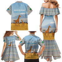 Tanzania Safari Giraffe Family Matching Mermaid Dress and Hawaiian Shirt with Tribal Patterns and Mount Kilimanjaro Scene