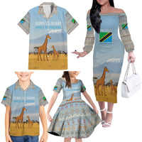 Tanzania Safari Giraffe Family Matching Off The Shoulder Long Sleeve Dress and Hawaiian Shirt with Tribal Patterns and Mount Kilimanjaro Scene