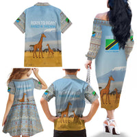 Tanzania Safari Giraffe Family Matching Off The Shoulder Long Sleeve Dress and Hawaiian Shirt with Tribal Patterns and Mount Kilimanjaro Scene
