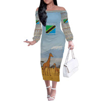 Tanzania Safari Giraffe Family Matching Off The Shoulder Long Sleeve Dress and Hawaiian Shirt with Tribal Patterns and Mount Kilimanjaro Scene