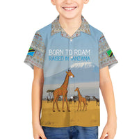 Tanzania Safari Giraffe Family Matching Off The Shoulder Long Sleeve Dress and Hawaiian Shirt with Tribal Patterns and Mount Kilimanjaro Scene