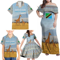 Tanzania Safari Giraffe Family Matching Off Shoulder Maxi Dress and Hawaiian Shirt with Tribal Patterns and Mount Kilimanjaro Scene