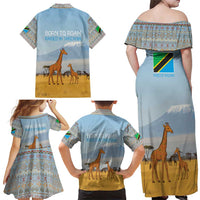Tanzania Safari Giraffe Family Matching Off Shoulder Maxi Dress and Hawaiian Shirt with Tribal Patterns and Mount Kilimanjaro Scene