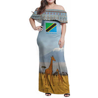 Tanzania Safari Giraffe Family Matching Off Shoulder Maxi Dress and Hawaiian Shirt with Tribal Patterns and Mount Kilimanjaro Scene