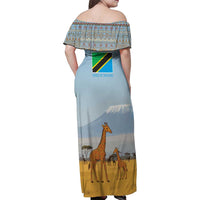 Tanzania Safari Giraffe Family Matching Off Shoulder Maxi Dress and Hawaiian Shirt with Tribal Patterns and Mount Kilimanjaro Scene