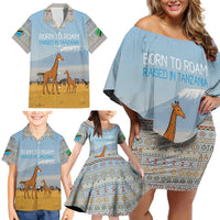 Tanzania Safari Giraffe Family Matching Off Shoulder Short Dress and Hawaiian Shirt with Tribal Patterns and Mount Kilimanjaro Scene