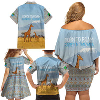 Tanzania Safari Giraffe Family Matching Off Shoulder Short Dress and Hawaiian Shirt with Tribal Patterns and Mount Kilimanjaro Scene