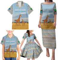 Tanzania Safari Giraffe Family Matching Puletasi and Hawaiian Shirt with Tribal Patterns and Mount Kilimanjaro Scene