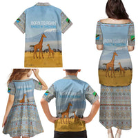 Tanzania Safari Giraffe Family Matching Puletasi and Hawaiian Shirt with Tribal Patterns and Mount Kilimanjaro Scene
