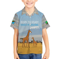 Tanzania Safari Giraffe Family Matching Short Sleeve Bodycon Dress and Hawaiian Shirt with Tribal Patterns and Mount Kilimanjaro Scene