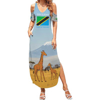 Tanzania Safari Giraffe Family Matching Summer Maxi Dress and Hawaiian Shirt with Tribal Patterns and Mount Kilimanjaro Scene