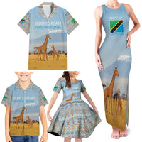 Tanzania Safari Giraffe Family Matching Tank Maxi Dress and Hawaiian Shirt with Tribal Patterns and Mount Kilimanjaro Scene