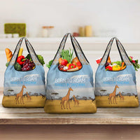 Tanzania Safari Giraffe Grocery Bag with Tribal Patterns and Mount Kilimanjaro Scene