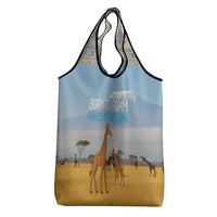 Tanzania Safari Giraffe Grocery Bag with Tribal Patterns and Mount Kilimanjaro Scene