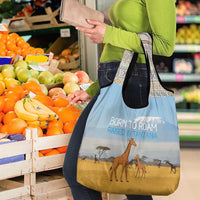 Tanzania Safari Giraffe Grocery Bag with Tribal Patterns and Mount Kilimanjaro Scene