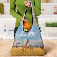 Tanzania Safari Giraffe Grocery Bag with Tribal Patterns and Mount Kilimanjaro Scene