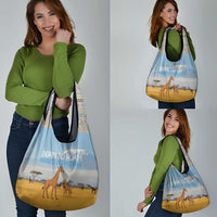 Tanzania Safari Giraffe Grocery Bag with Tribal Patterns and Mount Kilimanjaro Scene