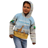 Tanzania Safari Giraffe Kid Hoodie with Tribal Patterns and Mount Kilimanjaro Scene