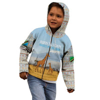 Tanzania Safari Giraffe Kid Hoodie with Tribal Patterns and Mount Kilimanjaro Scene