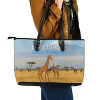 Tanzania Safari Giraffe Leather Tote Bag with Tribal Patterns and Mount Kilimanjaro Scene