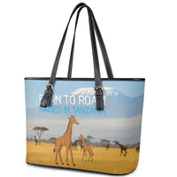 Tanzania Safari Giraffe Leather Tote Bag with Tribal Patterns and Mount Kilimanjaro Scene