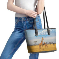 Tanzania Safari Giraffe Leather Tote Bag with Tribal Patterns and Mount Kilimanjaro Scene
