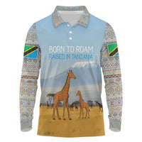 Tanzania Safari Giraffe Long Sleeve Polo Shirt with Tribal Patterns and Mount Kilimanjaro Scene