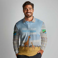 Tanzania Safari Giraffe Long Sleeve Polo Shirt with Tribal Patterns and Mount Kilimanjaro Scene