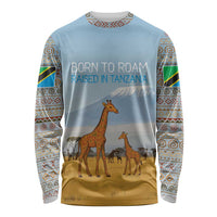 Tanzania Safari Giraffe Long Sleeve Shirt with Tribal Patterns and Mount Kilimanjaro Scene