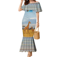 Tanzania Safari Giraffe Mermaid Dress with Tribal Patterns and Mount Kilimanjaro Scene